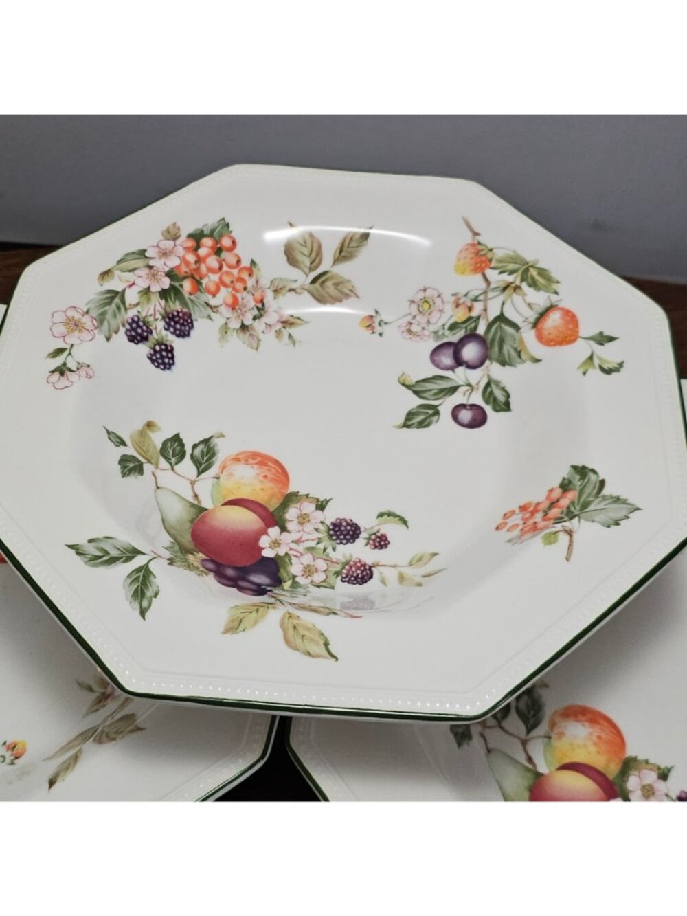 3 Johnson Brothers Fresh Fruit Bowl 9" large rim octagonal soup pasta green rim - Picture 9 of 9